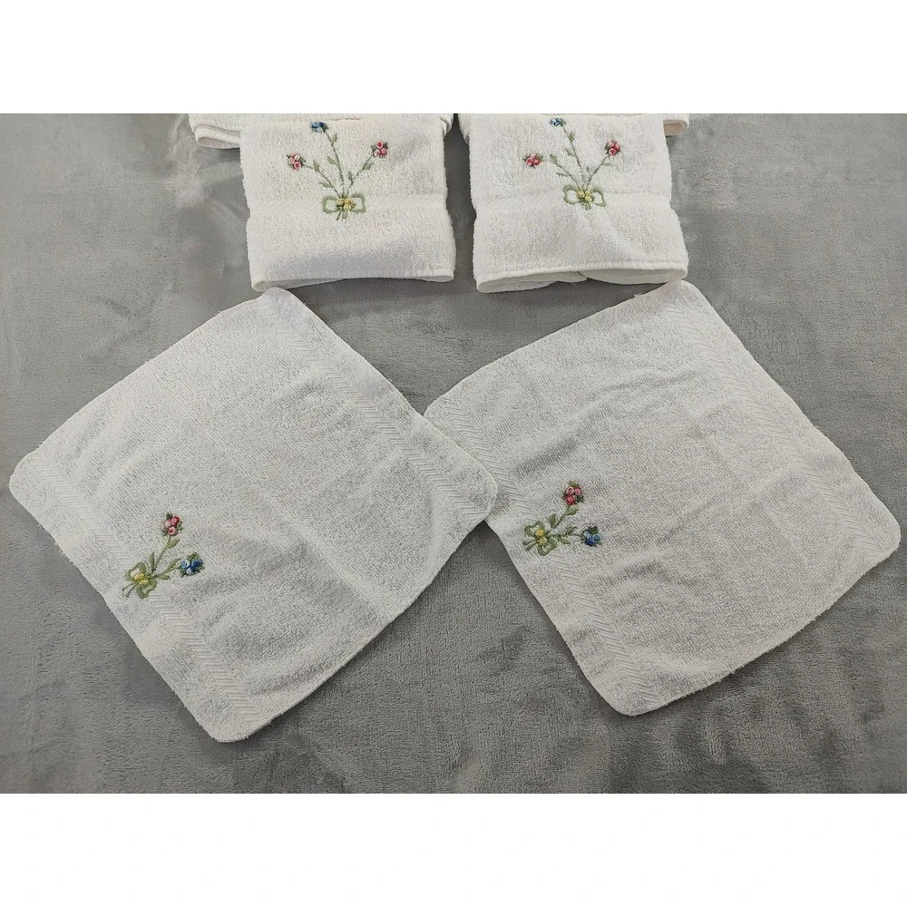 Vintage Fieldcrest Embroidered Floral Towel Set 6pc Cotton Cream Made in USA